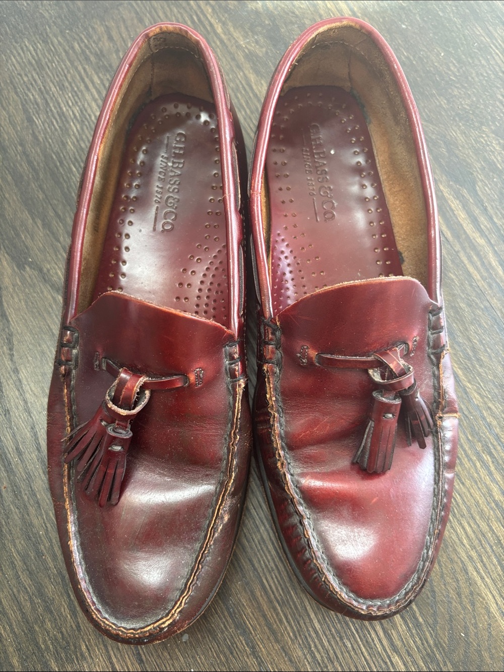 GH Bass tassel loafers, burgundy, legged, size 9D